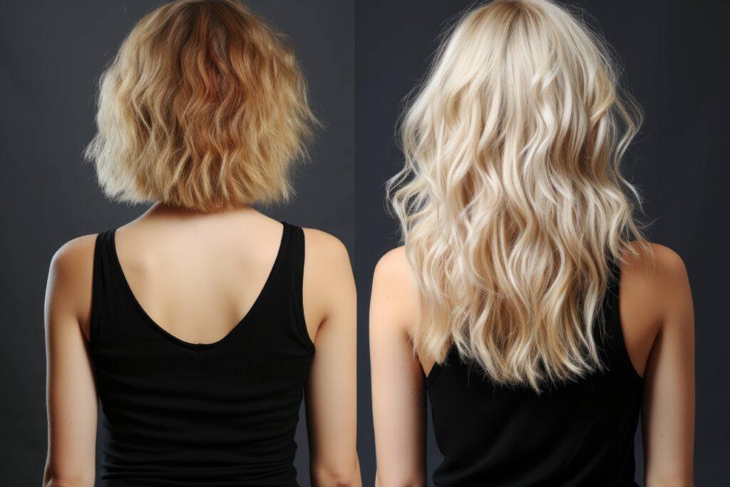 Blondes Haar vorher und nachher, Rückansicht einer Frau