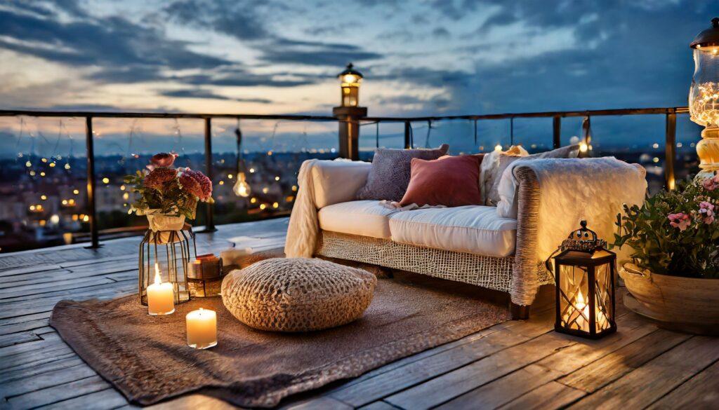 Stilvolle Dachterrasse bei Sonnenuntergang mit gemütlichem Sofa, Kerzenlicht und Blick über die Stadt