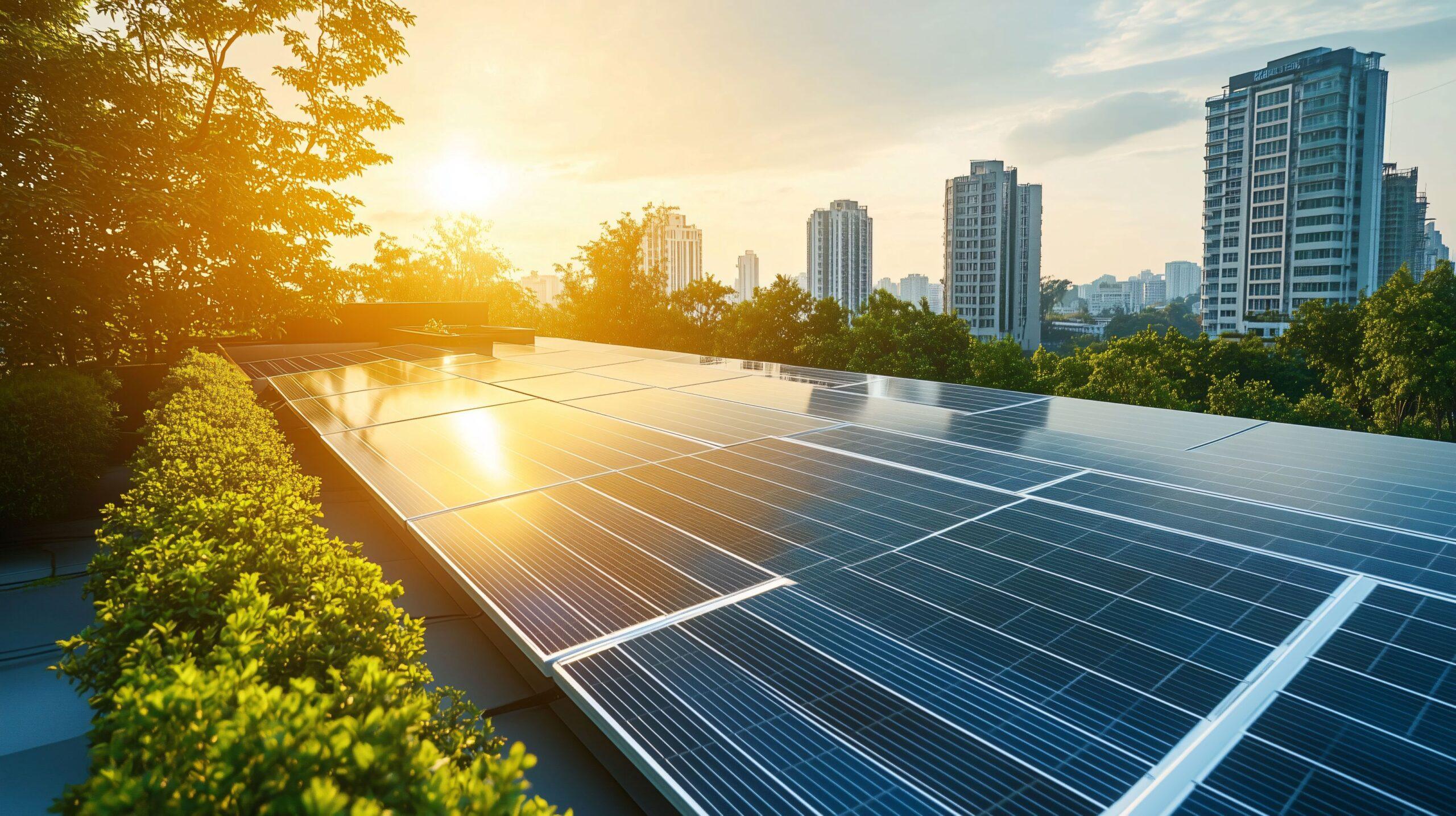 Solaranlage mit Sonnenuntergang über der Stadt