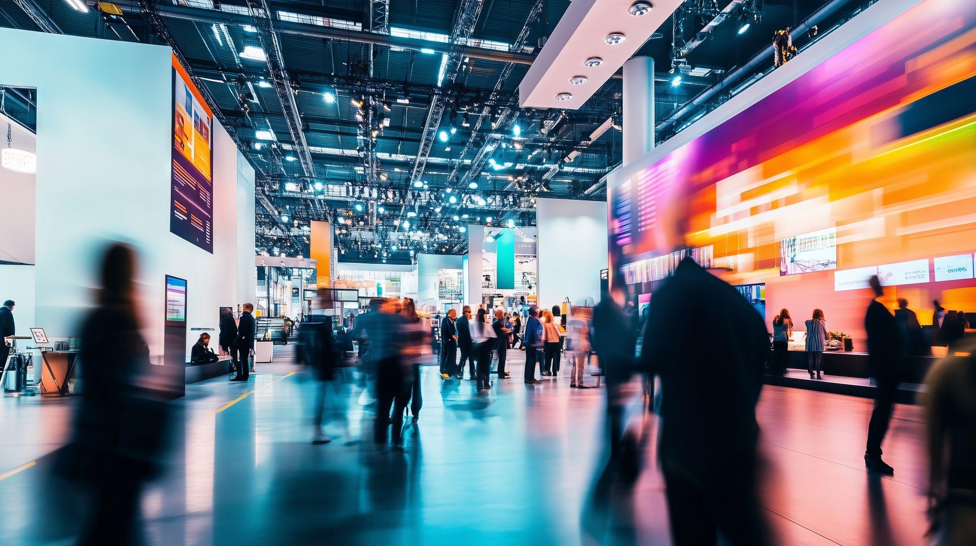 Menschen auf einer Messe mit beleuchteten Ständen und digitalen Messewänden in moderner Halle – ideal für faltbare Messewand Konzepte