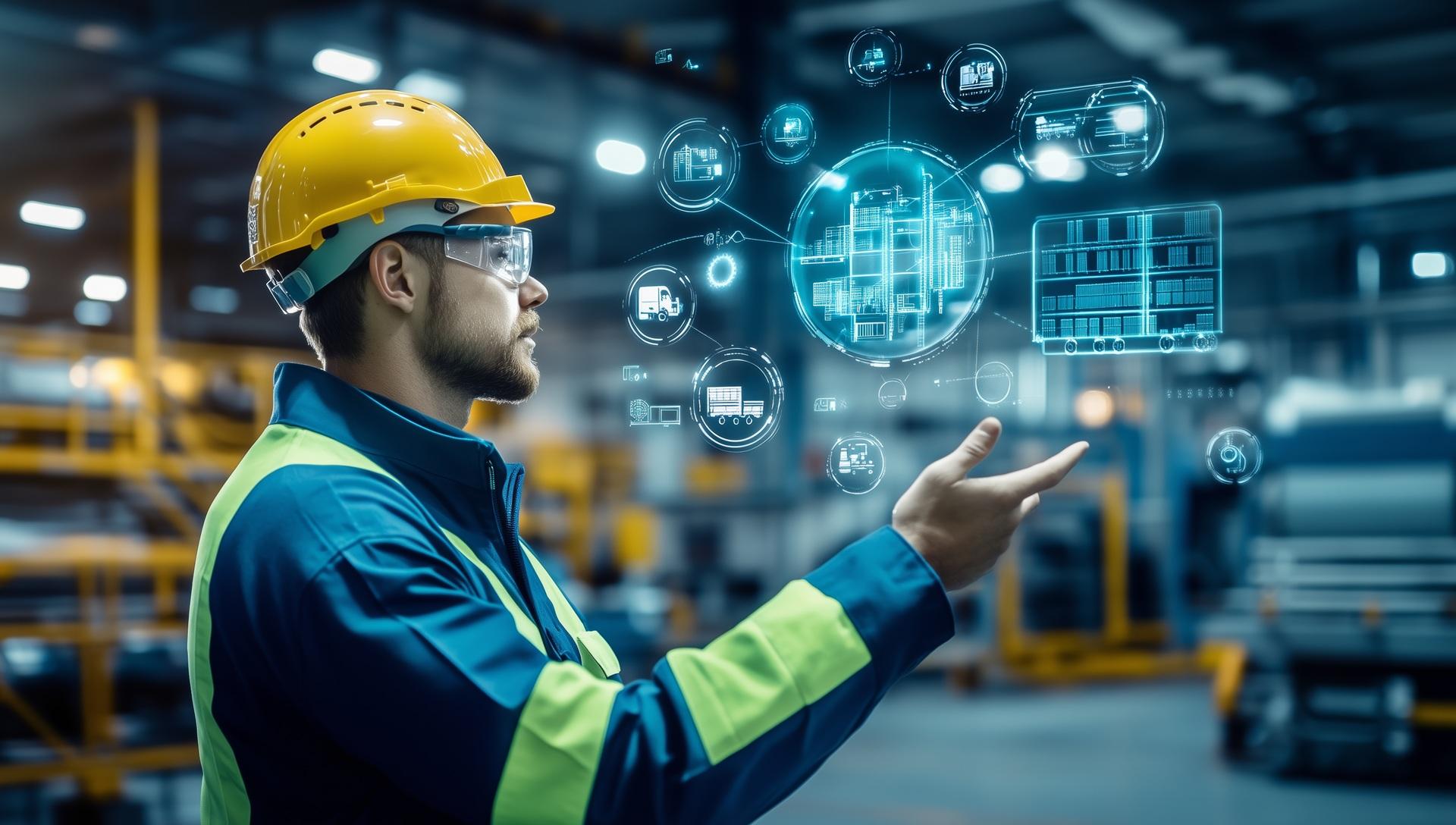 Industriearbeiter steuert digitale Fabrikprozesse | Förderschläuche