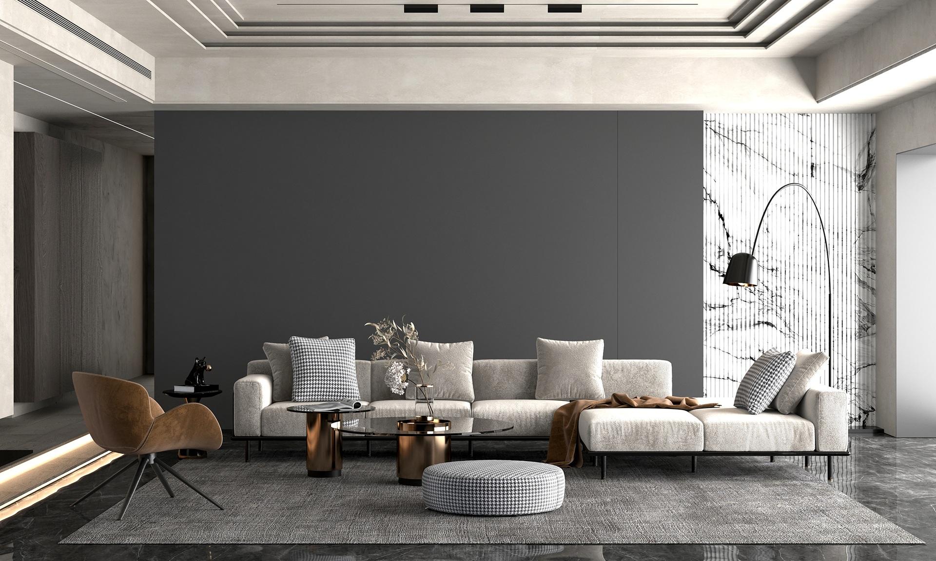 Elegantes Wohnzimmer mit grauer Wand und Designer-Sofa | Pflanzroller