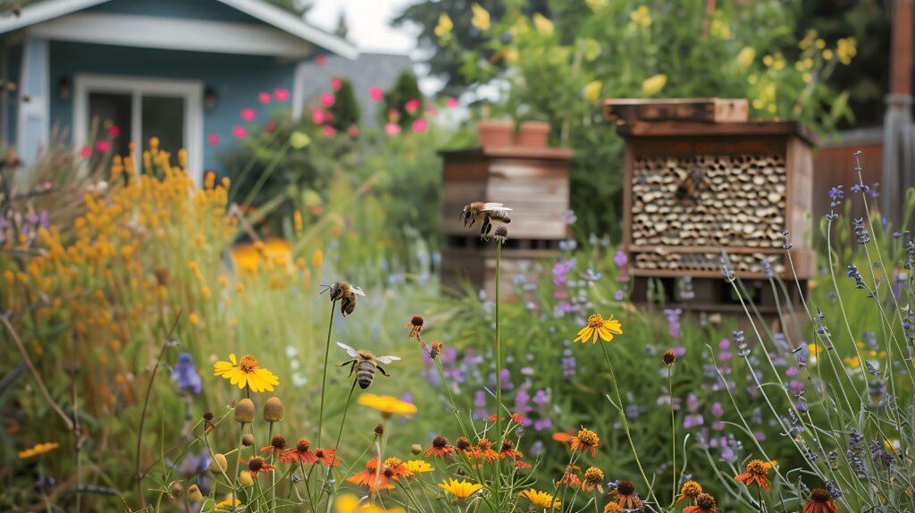 Bienenstöcke im Hinterhofgarten mit Blumen und fliegenden Bienen